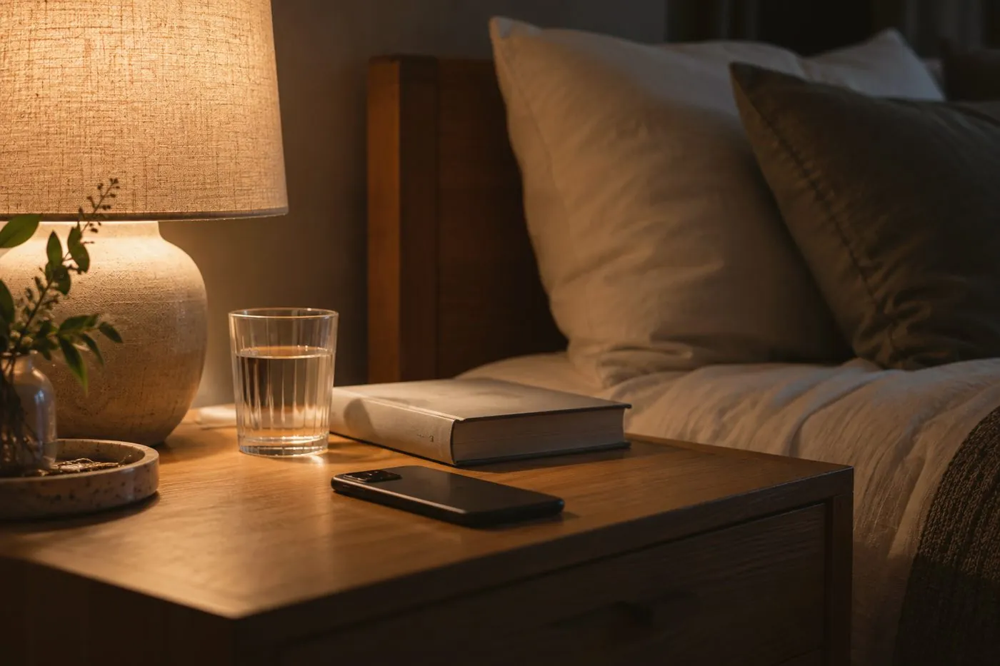 A phone face-down on a bedside table beside a book and a glass of water