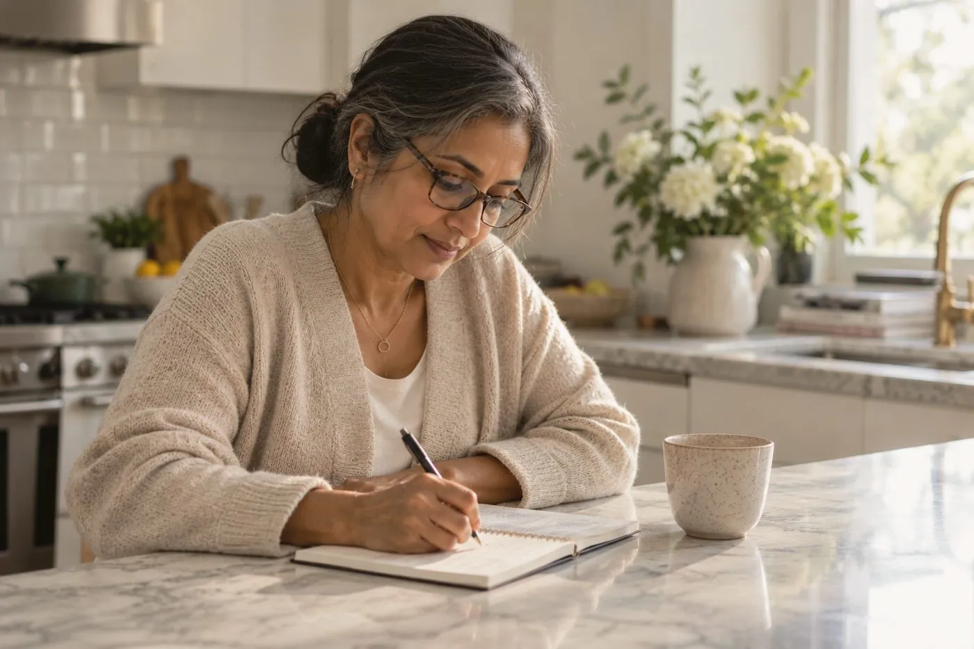 A woman writing a list at her kitchen bench in the morning