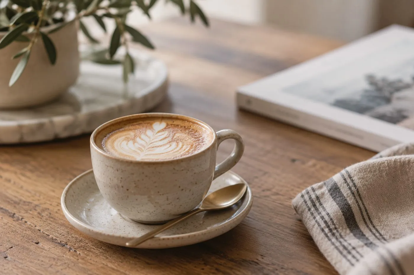 A cup of coffee on a timber table
