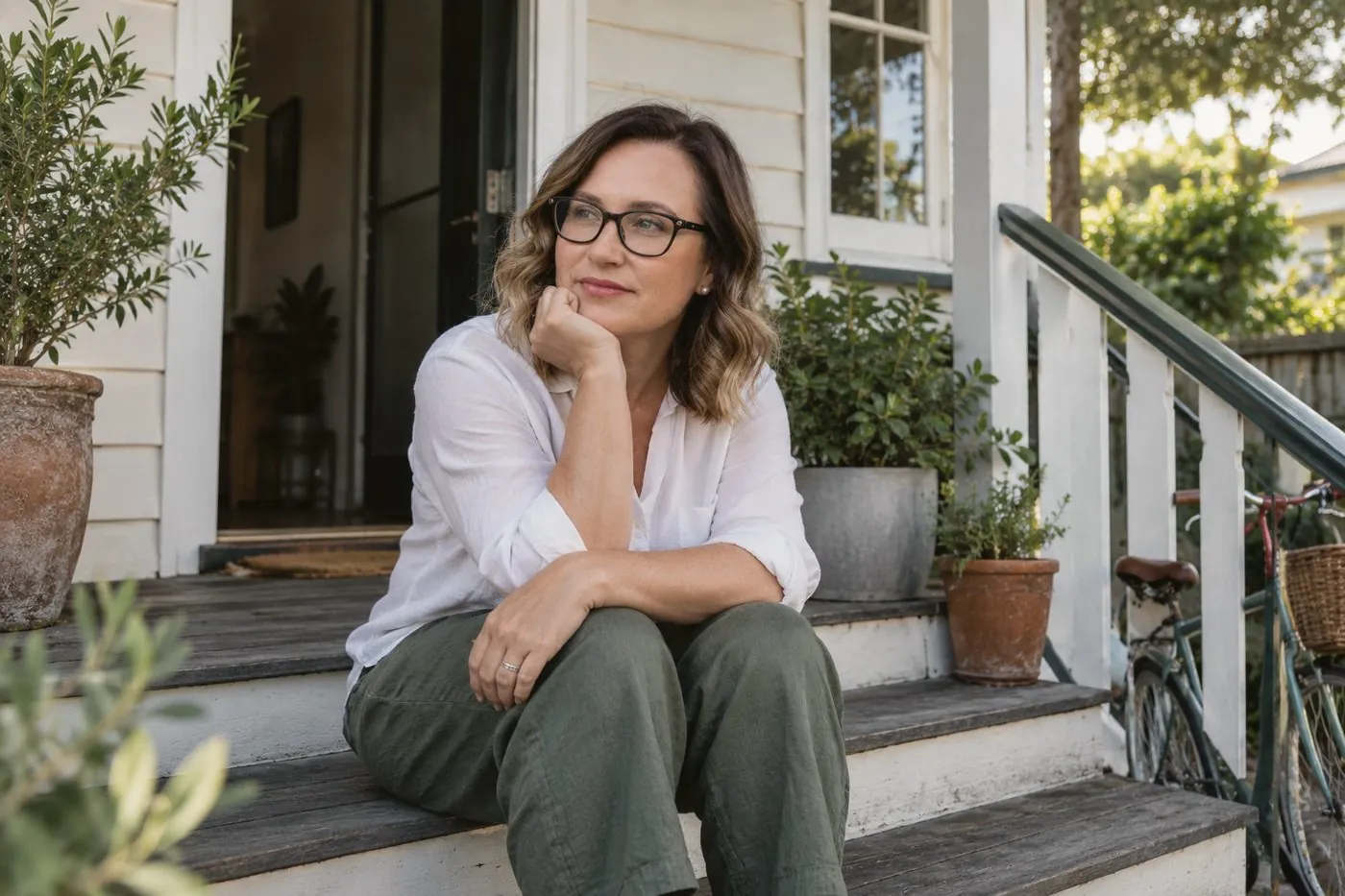 A woman sitting on her front steps, thinking